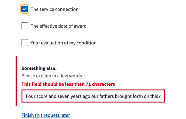 Screen shot showing the maximum description input length allowed when one check box is checked