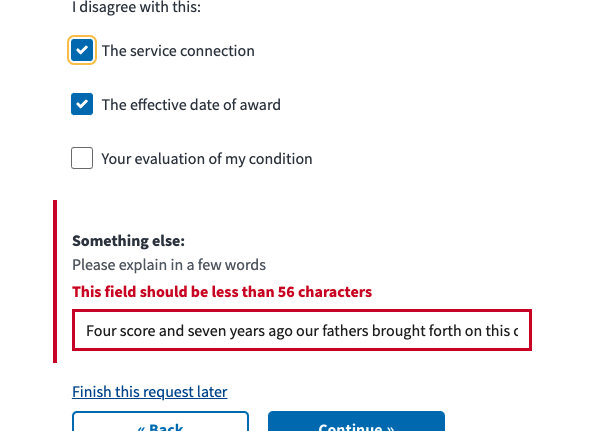 Screen shot showing the maximum description input length allowed when two check boxes are checked