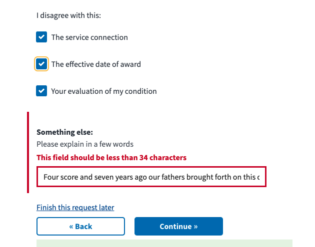 Screen shot showing the maximum description input length allowed when three check boxes are checked