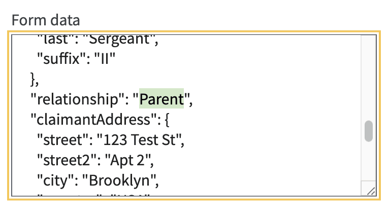 Screen shot of the form data field, showing editing form data in-place