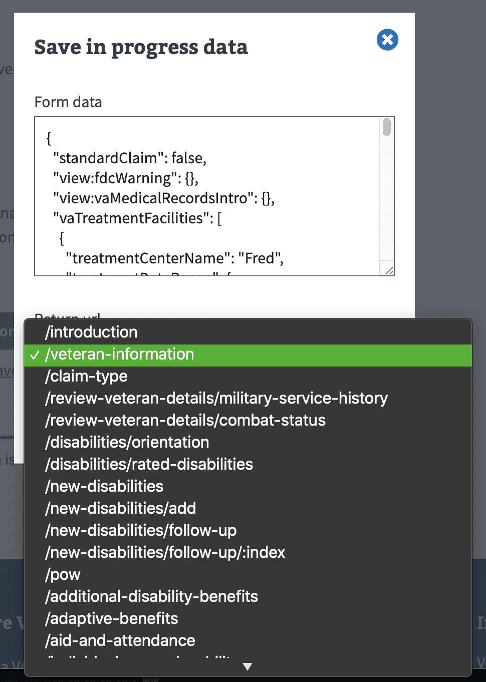 Screen shot of the Save-in-progress menu with return url dropdown expanded to show other selection choices