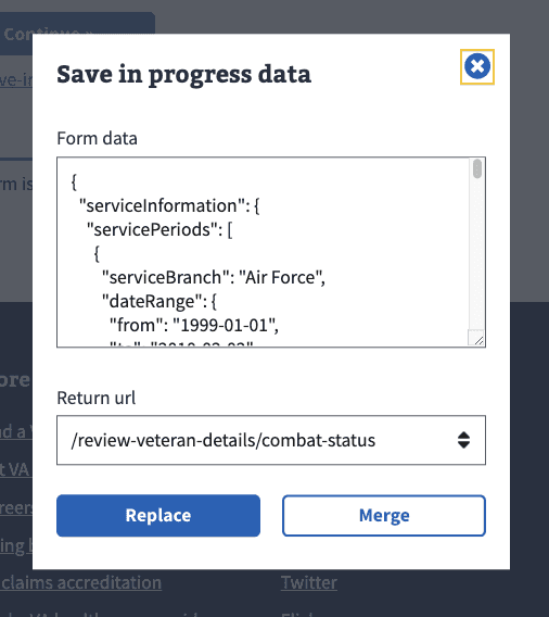 Screen shot of Save in Progress menu with form data and return URL values displayed