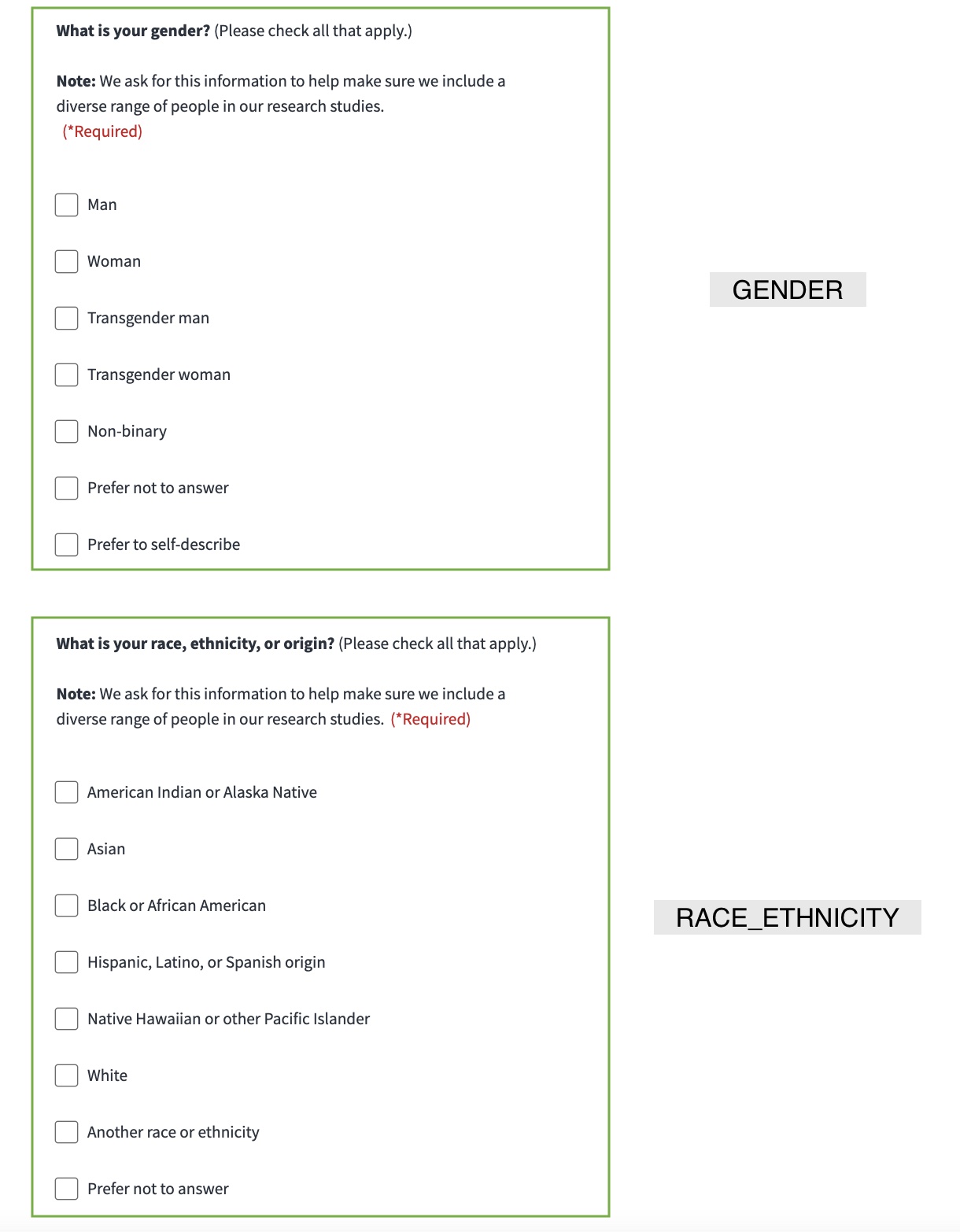 Screen shot showing the COVID-VACCINE-TRIAL Form with annotations to indicate which schema fields corresponds with the UI fields.