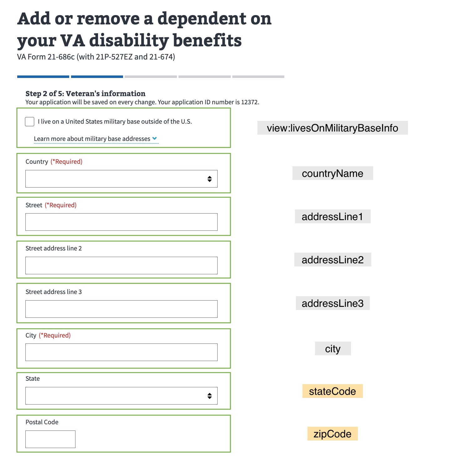 Screen shot showing the Veteran Information page on the 686C-674 Form with UI fields annotated with the corresponding schema fields