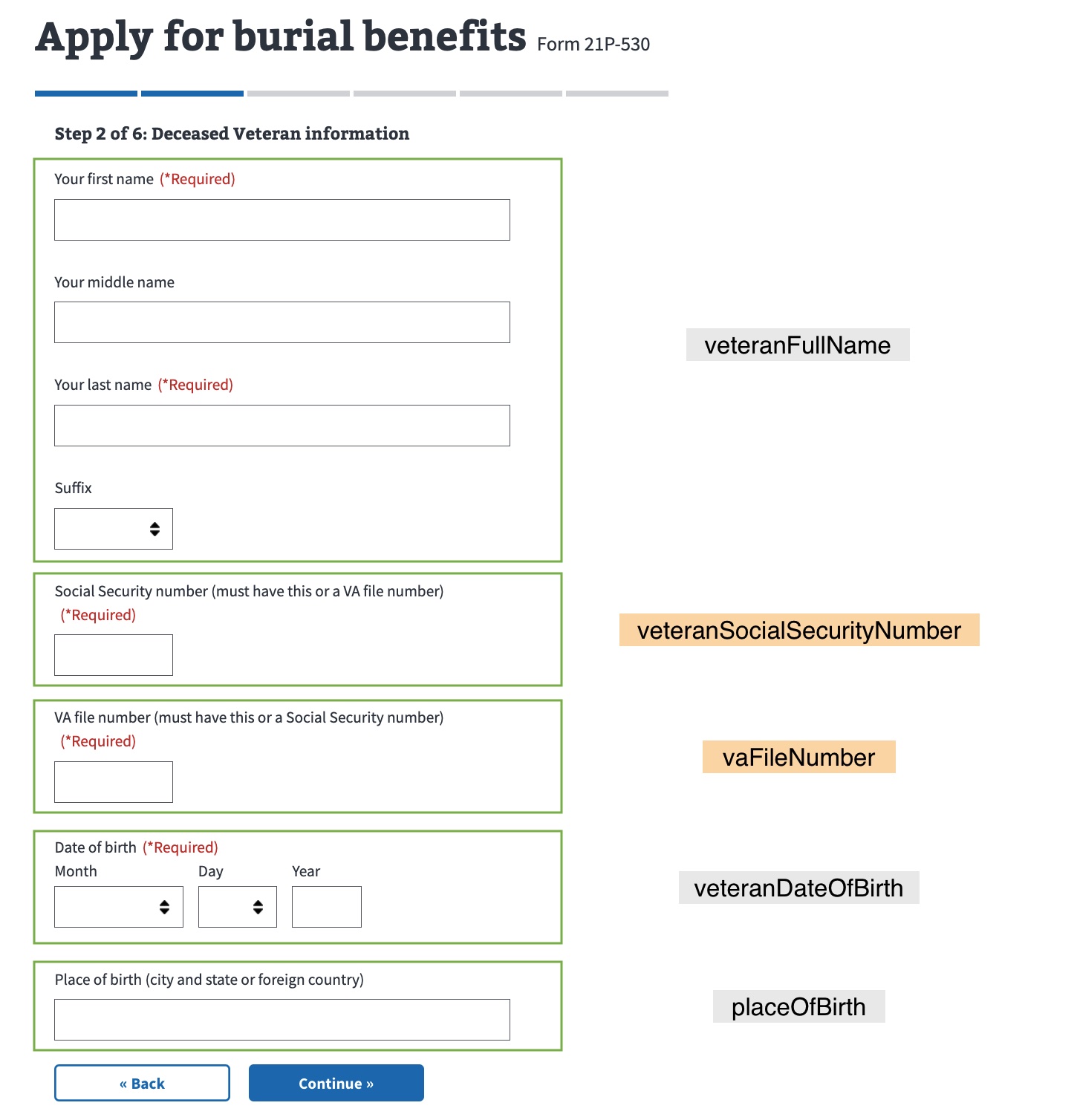Screen shot showing the Deceased Veteran information page on the 21P-530 Form with UI fields annotated with the corresponding schema fields