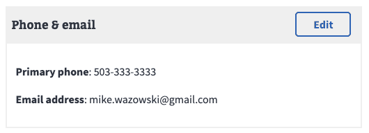 Screen shot of Phone and Email section on the review page. Phone and email data is read only, and an Edit button is provided.