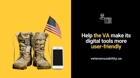 Screenshots describing the promotion of the veteranusability.us website. It explains, Help the VA make its digital tools more user-friendly. veteranusability.us