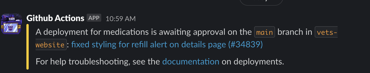 Slack notice showing a pending deployment for medications application