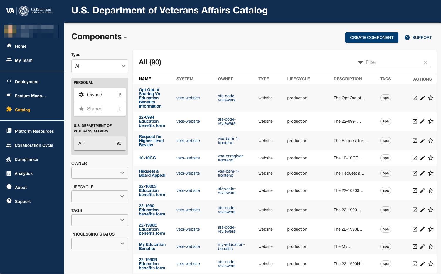 Screenshot of the VA Platform Console, a centralized location for tools