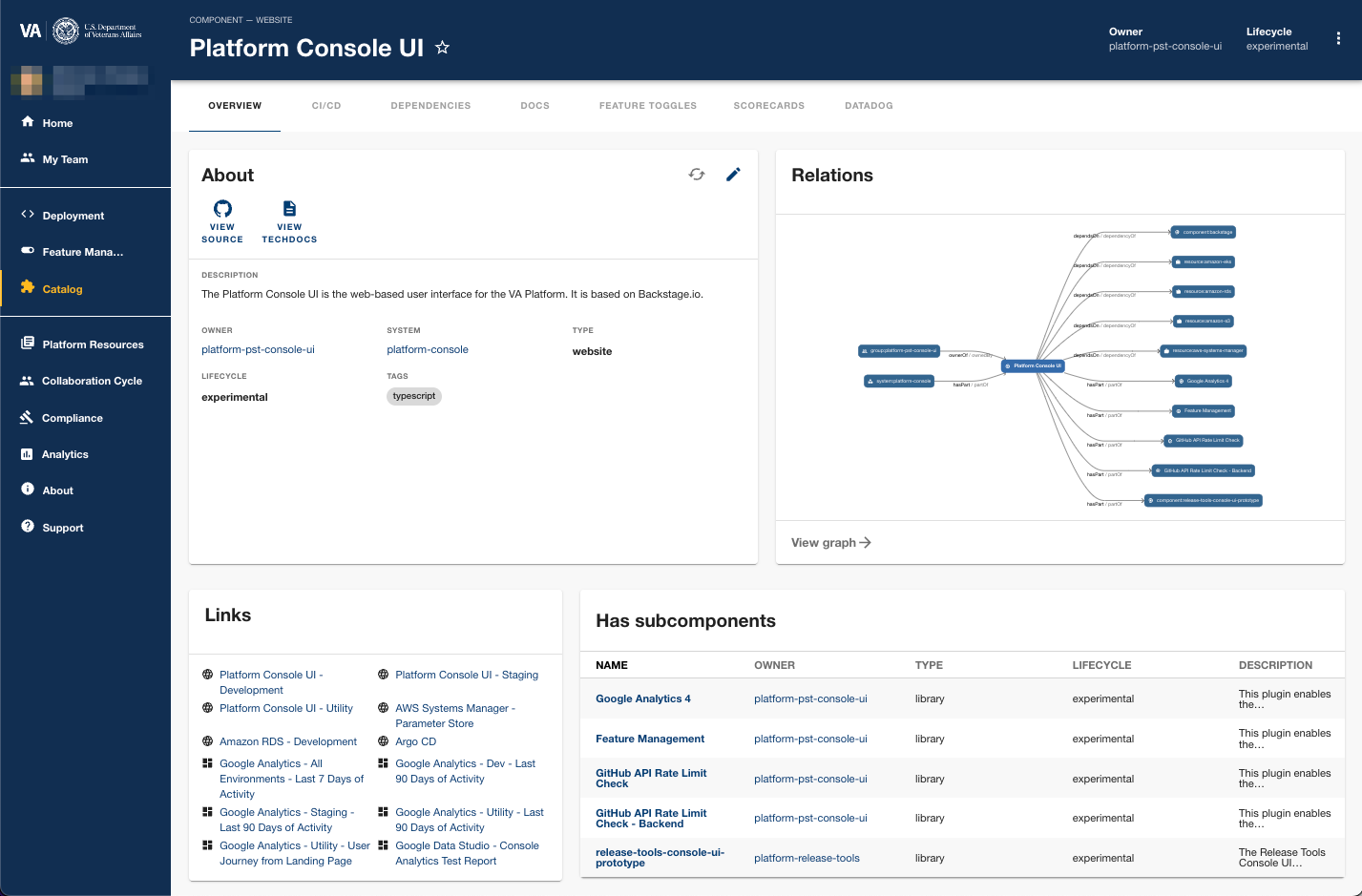 View of a Component page on Catalog