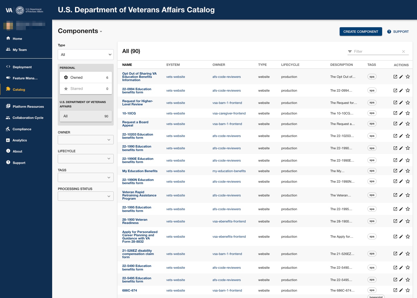 Example list of components in Catalog