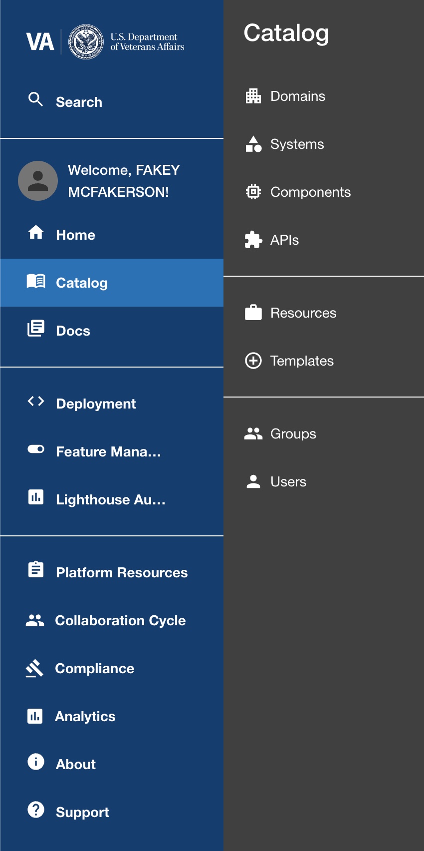 Catalog submenu on the Platform Console