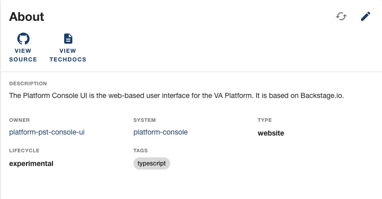Screenshot of About card in Entity page. Includes a description, information about the owner, system, type, and lifecycle of the entity, link to GitHub source code, and a link to documentation via Tech Docs