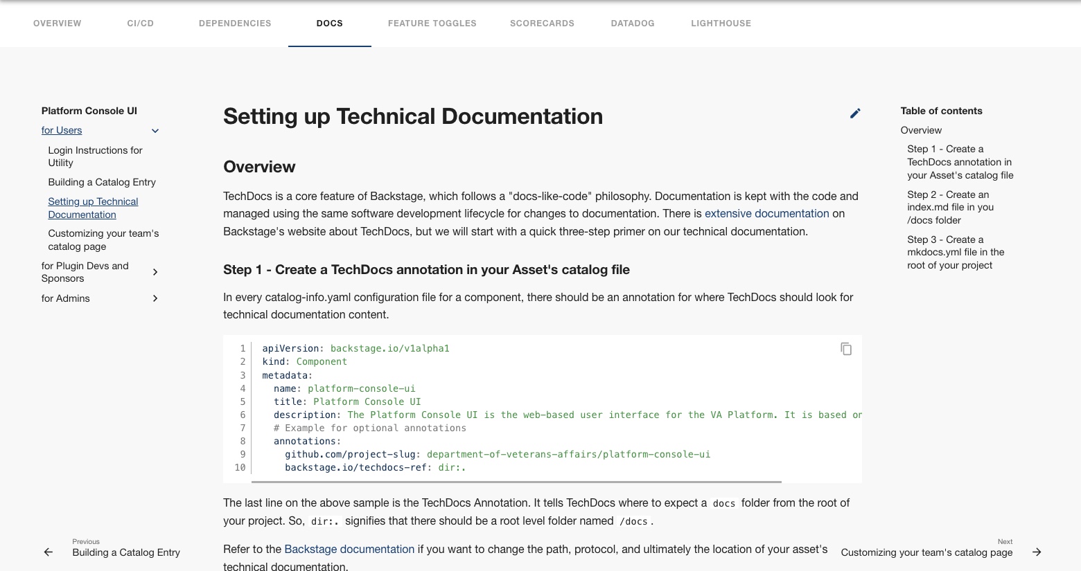 Screenshot of TechDocs documentation viewer in Console