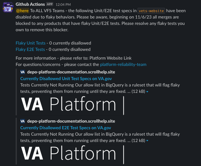 Example notification to the vfs-all-teams Slack channel