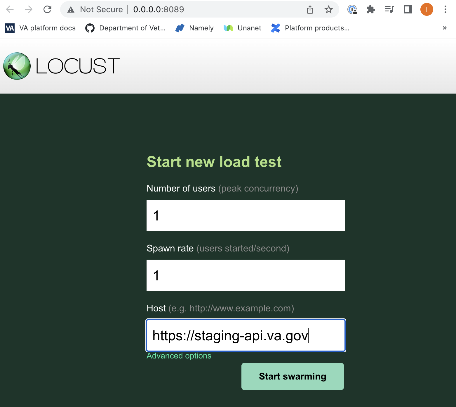 locust load testing tool web interface landing page