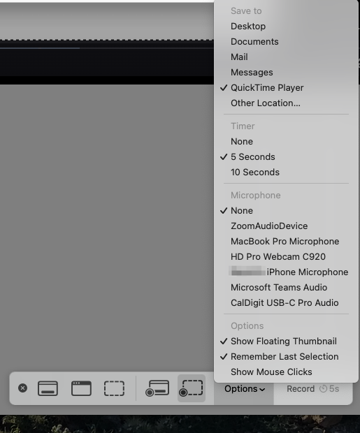 A screenshot of the toolbar showing the Options menu open showing sections including Save to, Timer Microphone and other Options.