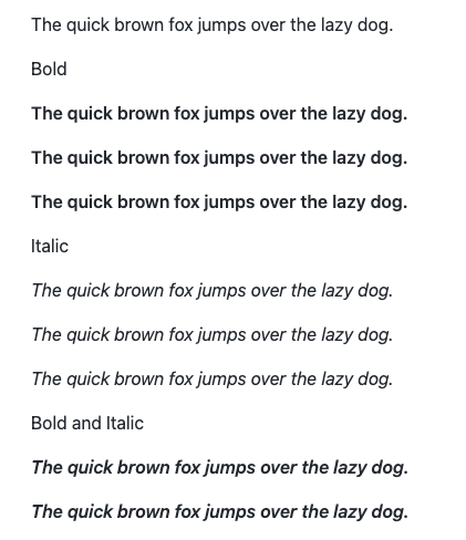 A screenshot of examples of text styles. There is a sentence displayed as bold, italic and bold and italic formats.