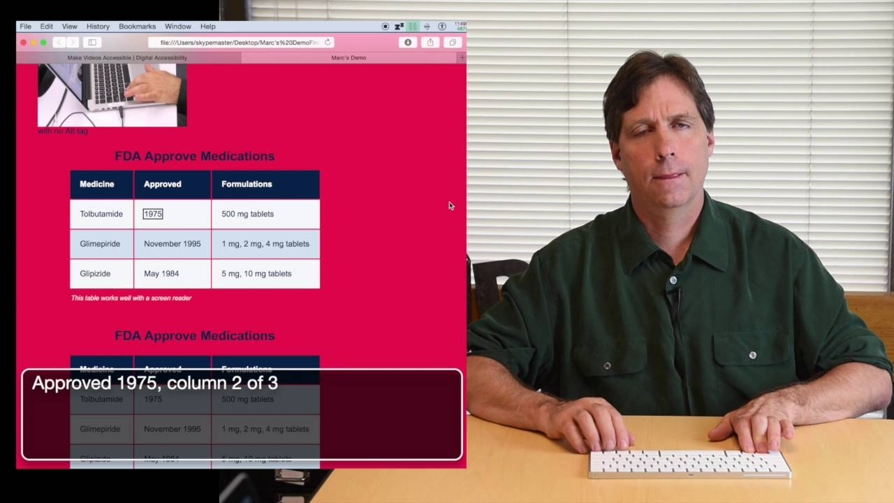 A person interacting with their keyboard to navigate a table based on audio feedback through a screen reader