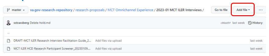 Screenshot of the research study folder in GitHub highlighting the Add file button on the top right.