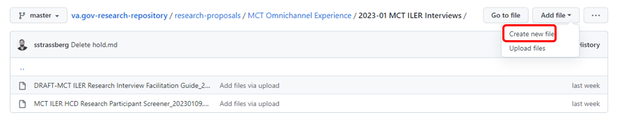Screenshot of the research study folder in GitHub highlighting the Create new file option on the top right.