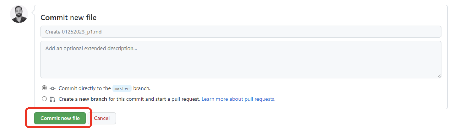 Screenshot of GitHub page highlighting the Commit new file button on the bottom left.
