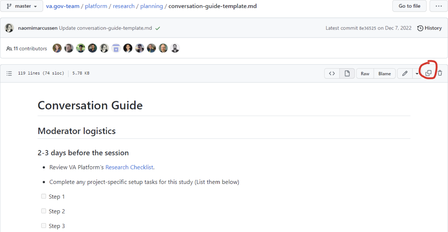 Screenshot of a conversation guide in GitHub highlighting the copy raw contents icon on the top right.
