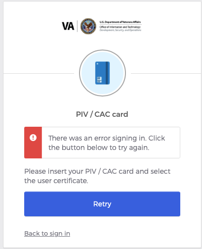 PIV card sign-in error message screen