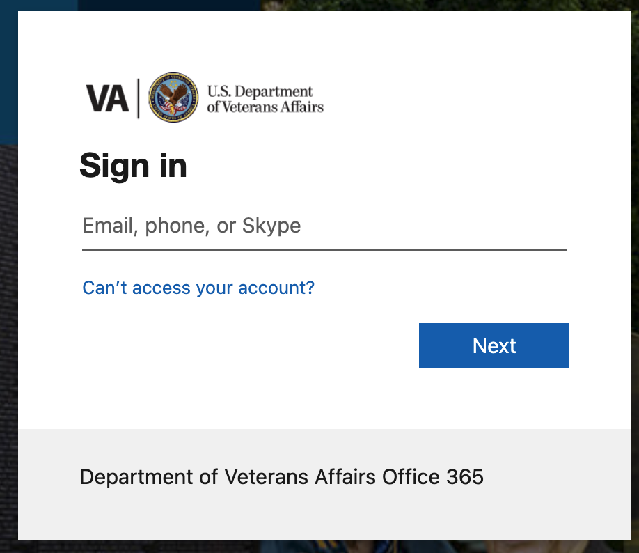 VA Microsoft Sign in screen asking for email
