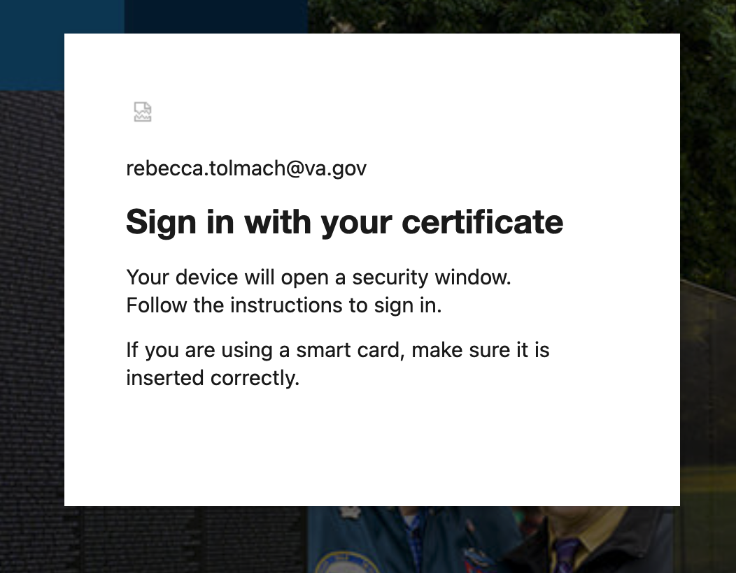 Message that says, Sign in with your certificate.