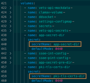 The volumes section of values.yaml with the secretName section highlighted