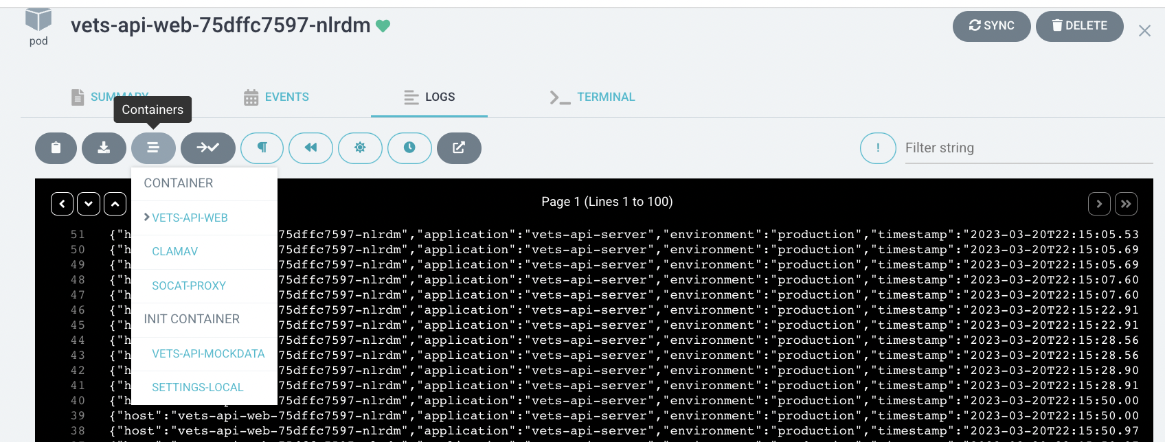 Switching logs in a multi-container pod is accessible by clicking the Containers button.