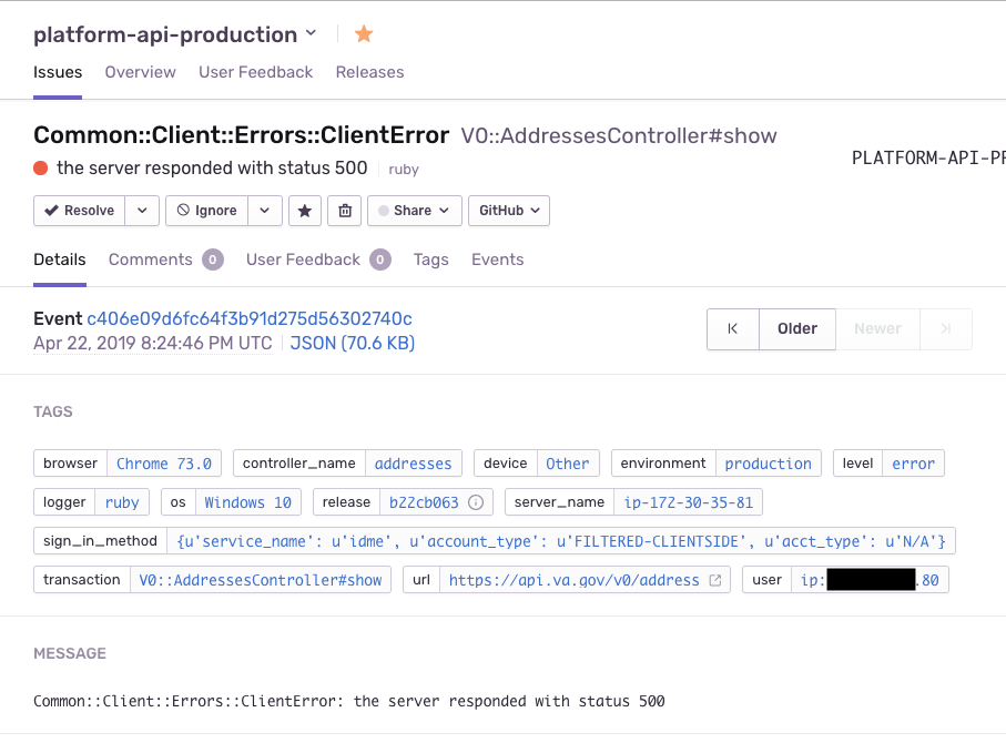 Example of common client error in Sentry