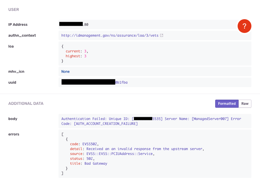 Example of additional data for an error showing code, detail, source, status, and title.