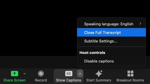 Close the transcripts panel by clicking CLOSE FULL TRANSCRIPT.