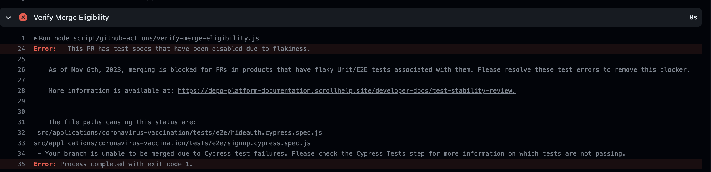 Image showing what the CI output is like when a merge is blocked