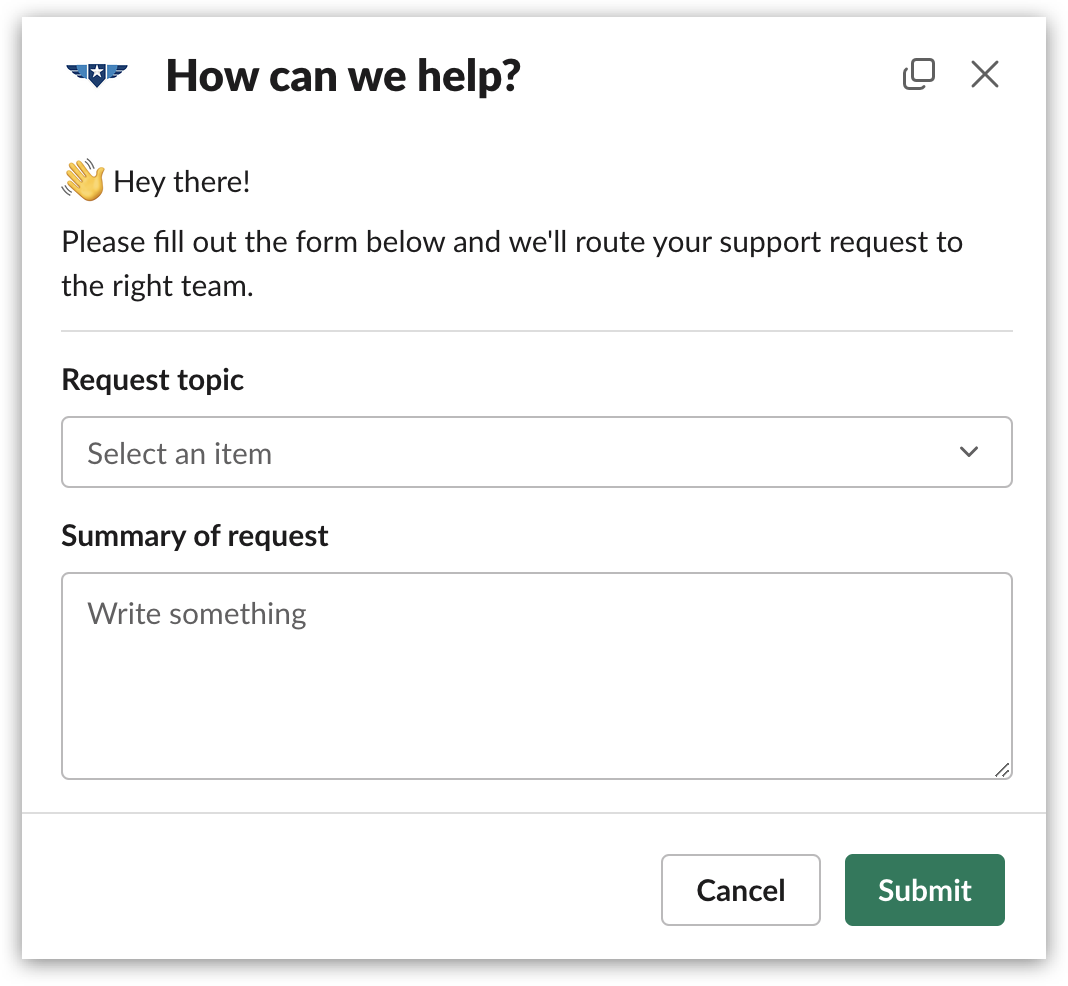 Slack screenshot showing the support request form