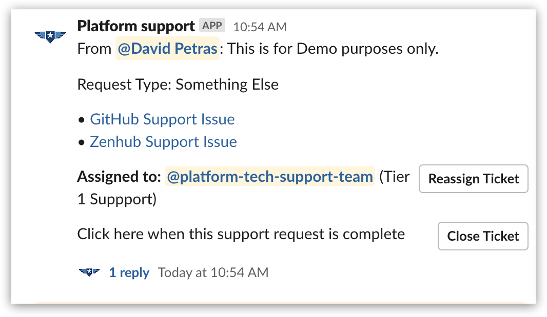 Slack screenshot showing a posted support request