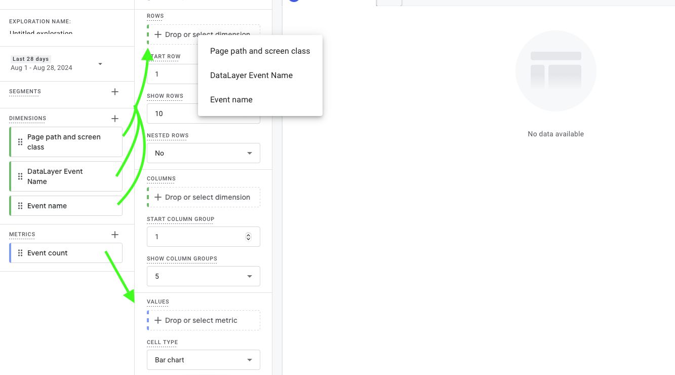 Add dimensions and metrics to rows and values