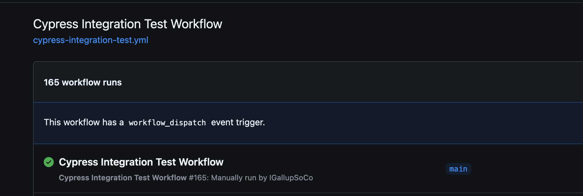 the workflow title is shown, with its file name showing as a subtitle.  You are at the right page if you see a message about the workflow having a Workflow Dispatch event trigger.