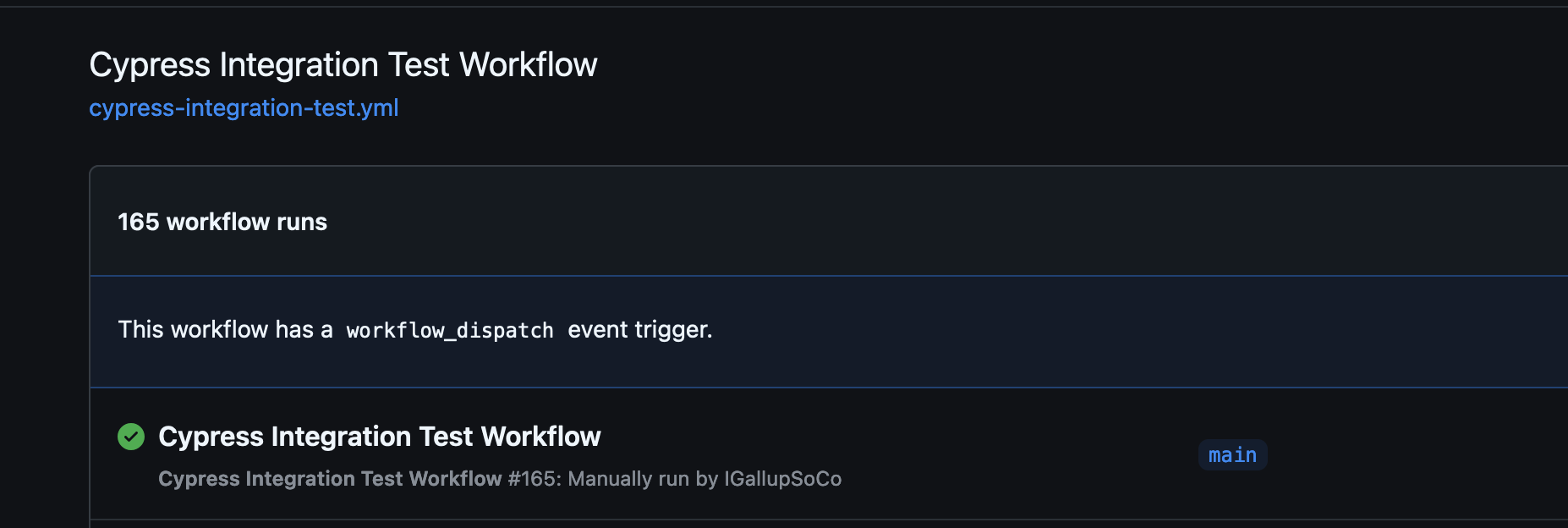 the workflow title is shown, with its file name showing as a subtitle. You are at the right page if you see a message about the workflow having a Workflow Dispatch event trigger.