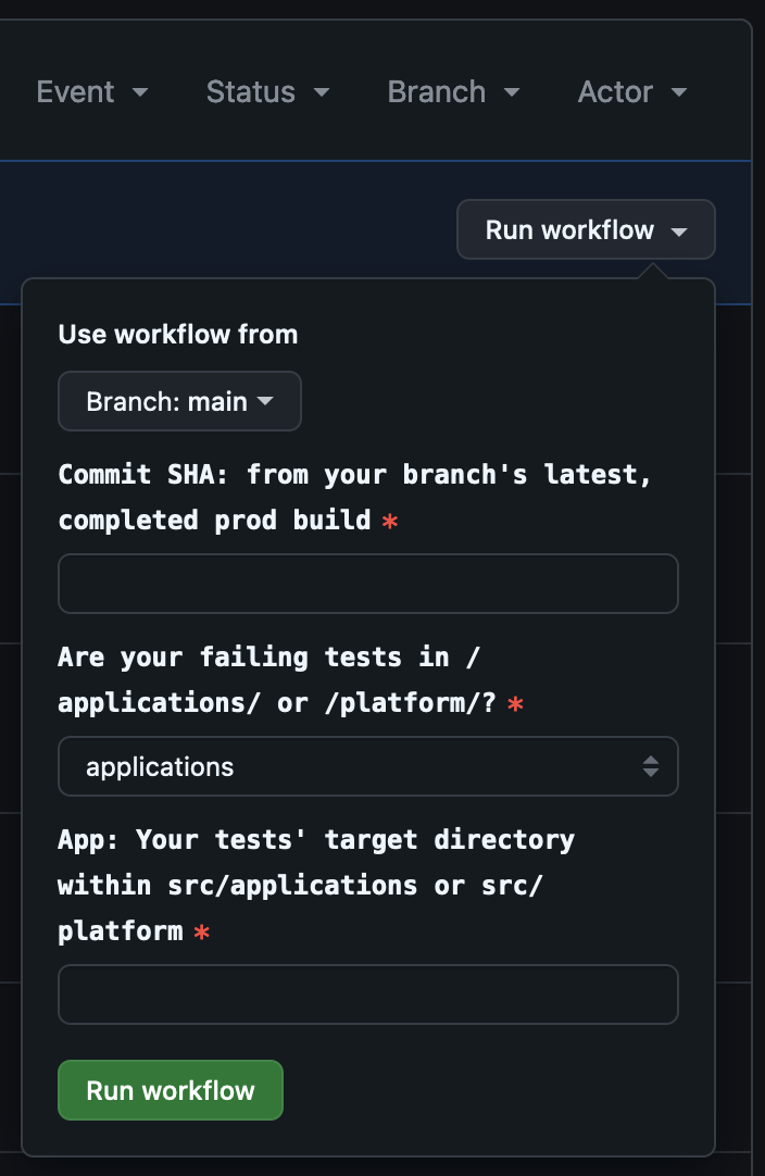 Upon clicking the Run workflow button, a modal will appear, with four required user inputs.