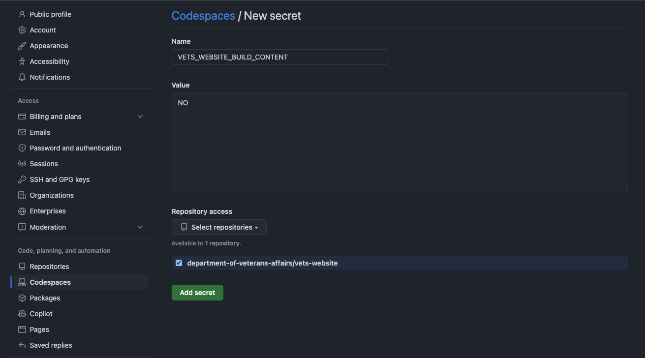 Codespaces New secret window