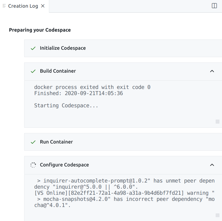 Codespace creation log