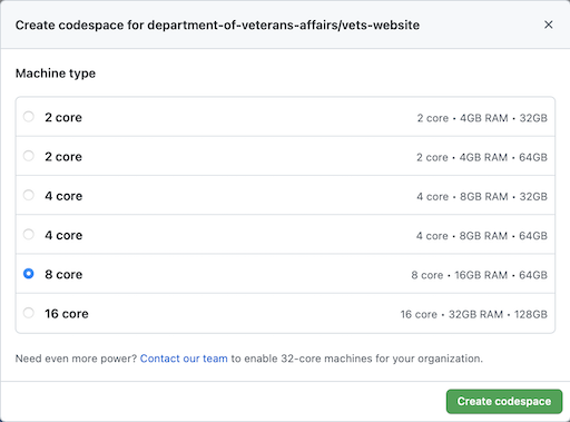 Codespaces Machine type selection