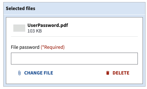 The va-file-input component with the file password field revealed