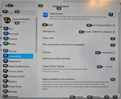 MacOS settings interface. Voice Control is turned on and Items Numbers are selected. Each interactive item has a flag containing a number. Users can say a number out loud to select an item.