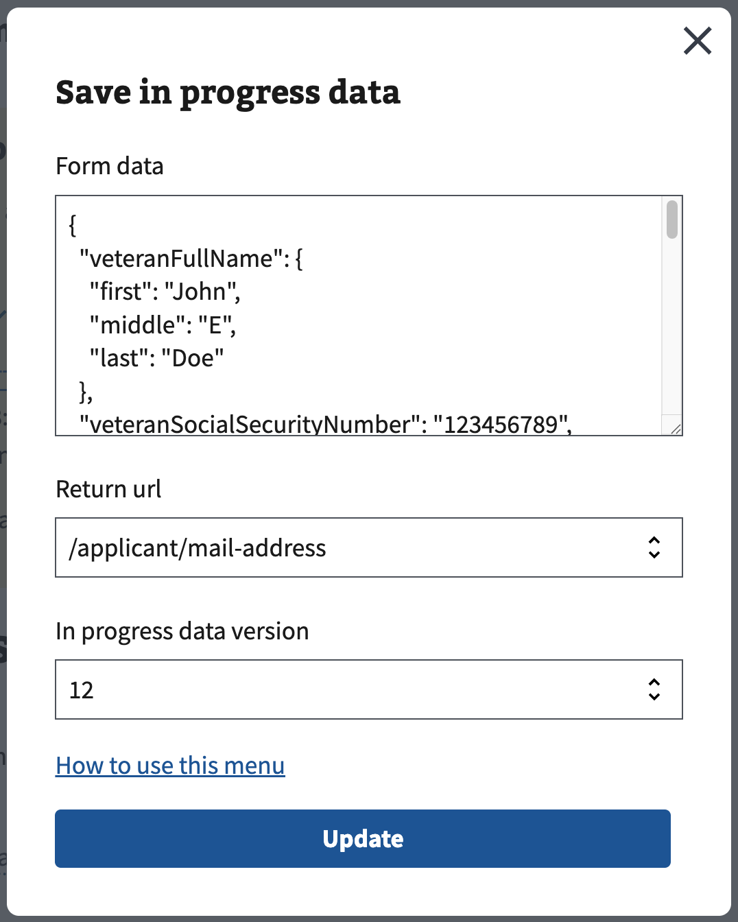 Save in progress menu modal showing a form data text area, return url select with all active pages as options, an in progress data version select, a how to use this menu link that points to this page, and an update button