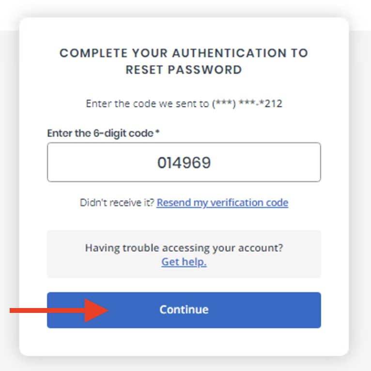 Screenshot of the fourth step of resetting your password process highlighting the Continue link.