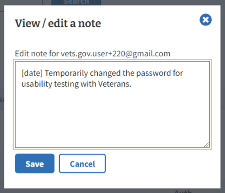 Screenshot of the view or edit a note window with the message (date) Temporarily changed the password for usability testing with Veterans.